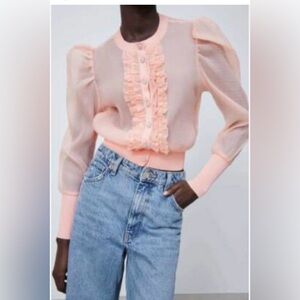 ZARA SALMON PINK KNIT & ORGANZA RHINESTONE Cardigan 2300